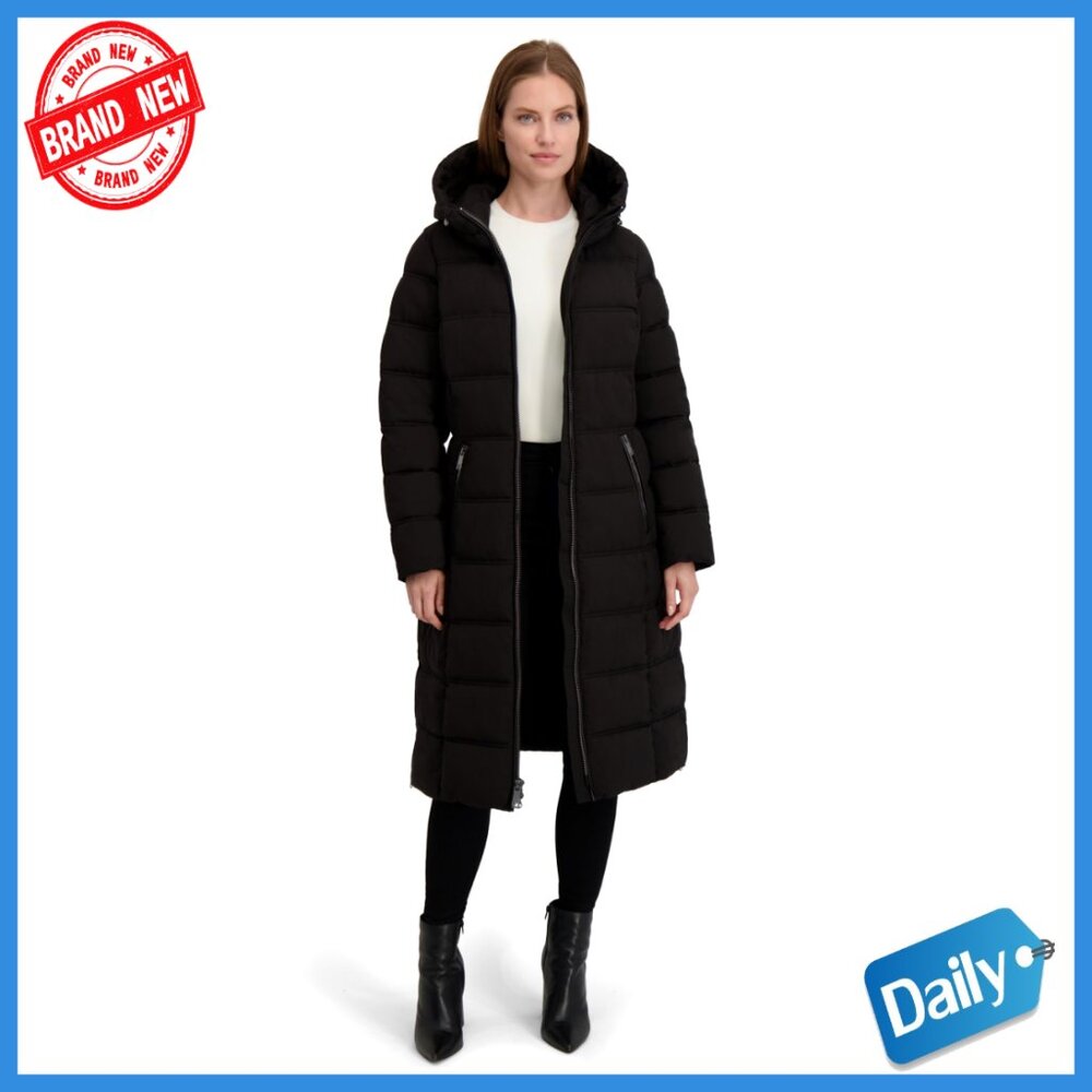 Stretch Maxi Puffer Jacket With Pu Trim, Side Zippers, Attached Hood